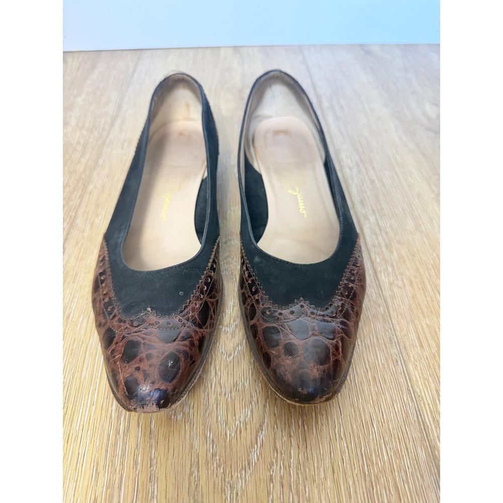 Salvatore Ferragamo Boutique Flats Black Suede Brown Croc Embossed Leather 10.5